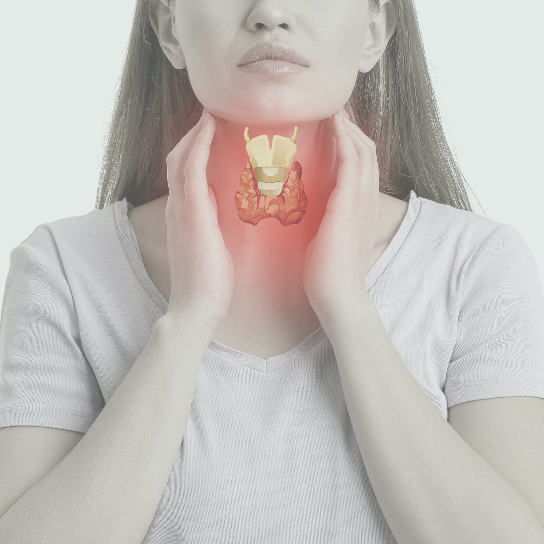 Image of a woman holding her neck showing where her thyroid is located.